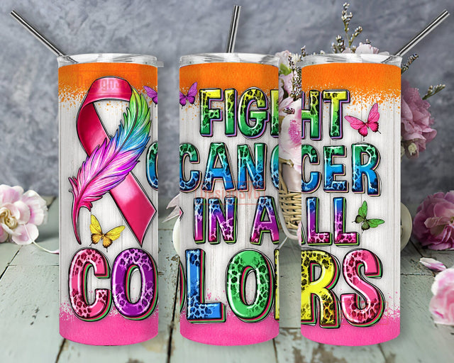 Fight Cancer In All Colors 20oz Skinny Tumbler Png, Breast Cancer Png, Leopard Cancer Png, Watercolor Cancer Survivor Seamless Tumbler, Cancer In All Colors Tumbler Sublimation DesignSVG 