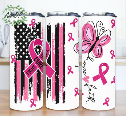 Fight For A Cure Tumbler Png, American Flag Breast Cancer Awareness 20oz Skinny Tumbler, Pink Ribbon Tumbler Wrap, Hope Faith Sublimation Design, Digital Download Sublimation AdriOP 