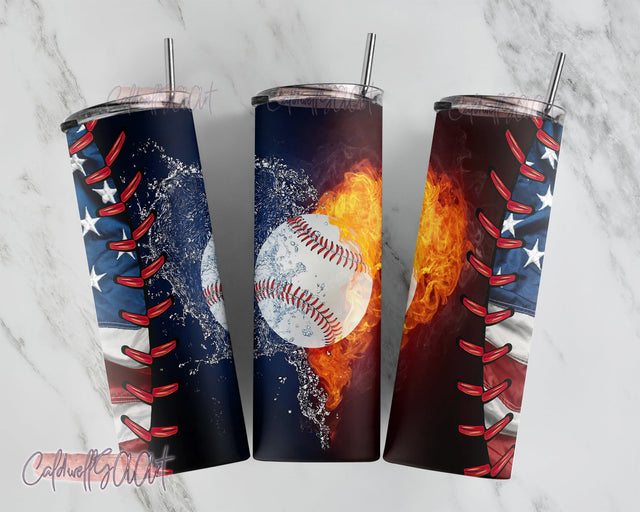 Fire and Water Baseball - Sports - 20 ounce skinny tumbler - 20oz Skinny Tumbler Sublimation Designs Tumbler PNG File Digital Download Sublimation CaldwellArt 