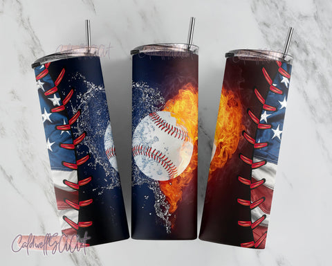 Fire and Water Baseball - Sports - 20 ounce skinny tumbler - 20oz Skinny Tumbler Sublimation Designs Tumbler PNG File Digital Download Sublimation CaldwellArt 