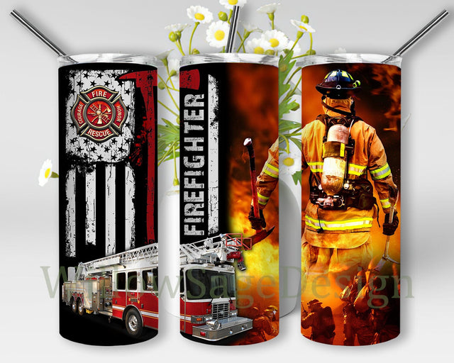 Firefighter 20oz Skinny Tumbler, Fireman Tumbler Png, American Flag Tumbler Design, Fire Truck Design Png, Firefighter Sublimation Design, Digital Download Sublimation WillowSageDesign 