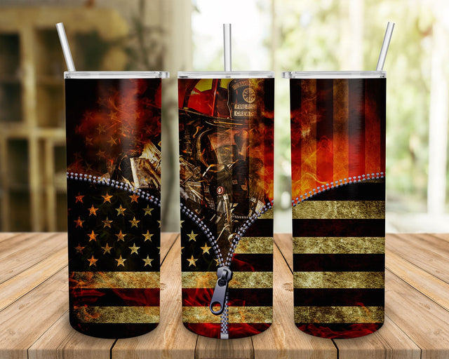 FireFighter USA Flag Skinny Tumbler, Firefighter zipper Skinny Tumbler 20oz Sublimation BOO-design 