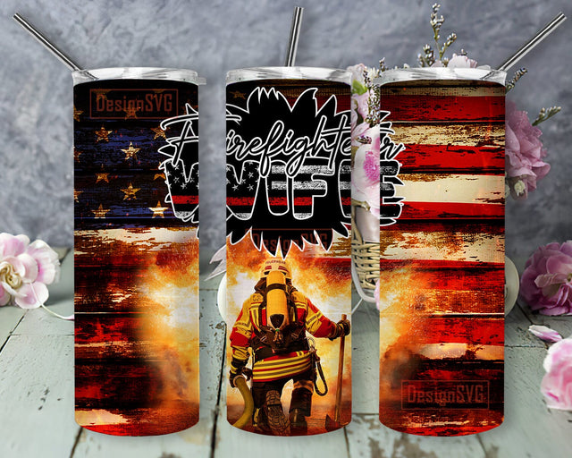 Firefighter Wife 20oz Skinny Tumbler, Firefighter Tumbler Png, USA Flag Tumbler Wrap, Fireman Tumbler Template, Digital Download Sublimation DesignSVG 