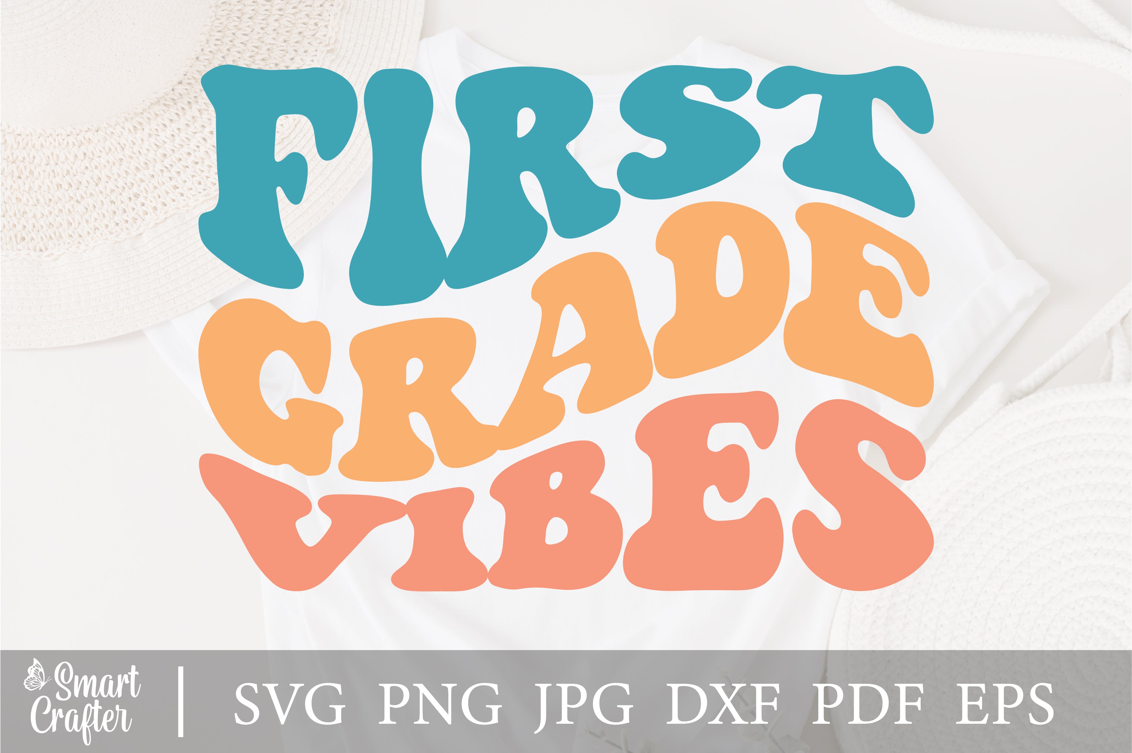 First Grade Vibes SVG, Back To School SVG PNG, Retro, Wavy Stacked Text