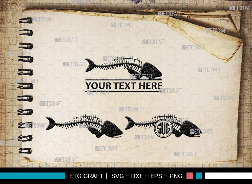 Fish Bone Monogram, Fish Bone Silhouette, Fish Bone SVG, Fish Skeleton ...