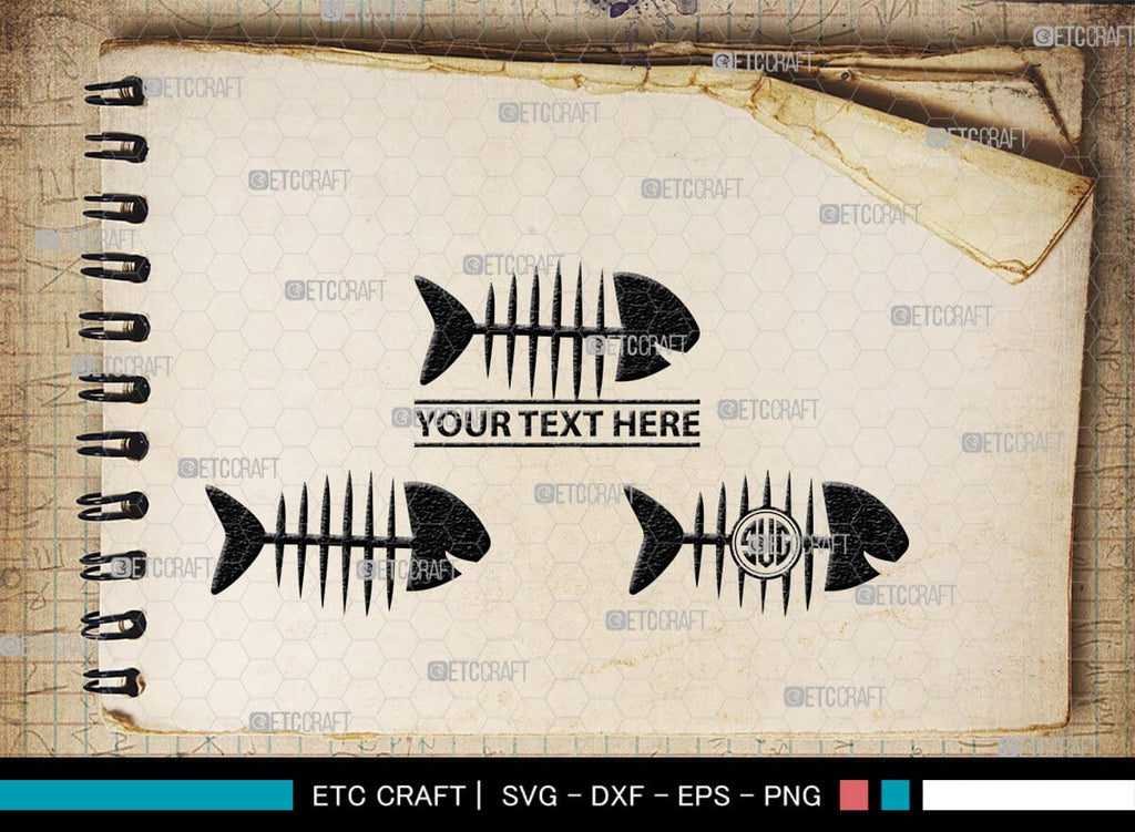 Fish Bone Monogram, Fish Bone Silhouette, Fish Bone SVG, Fish Skeleton ...