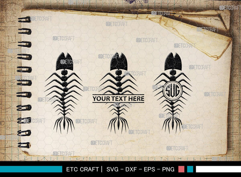 Fish Bone Monogram, Fish Bone Silhouette, Fish Bone SVG, Fish Skeleton ...