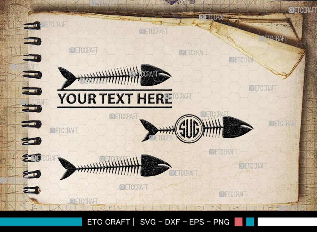Fish Bone Monogram, Fish Bone Silhouette, Fish Bone SVG, Fish Skeleton ...