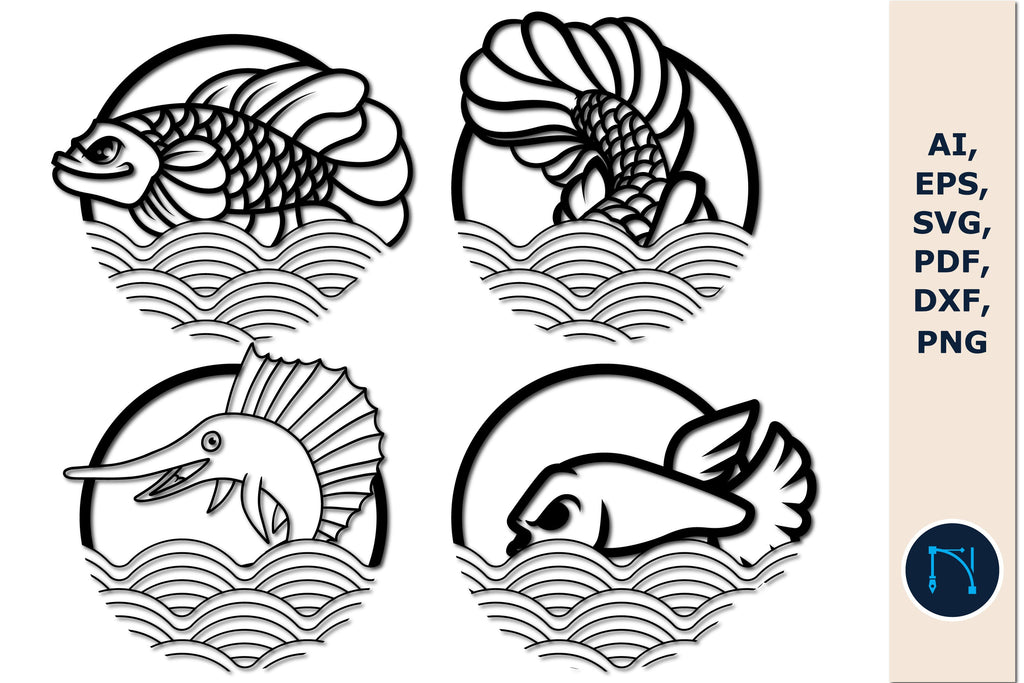 fish in wave round wall decor bundle SVG - So Fontsy