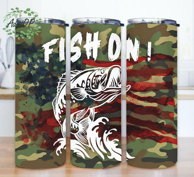 Fish On 20oz Skinny Tumbler, Fishing Tumbler Png, Fishing Camo Tumbler Wrap, Watercolor American Flag Tumbler Design, Fisherman Gift, Instant Download Sublimation AdriOP 