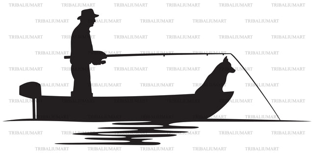 Fisherman and dog in a Boat SVG TribaliumArtSF 