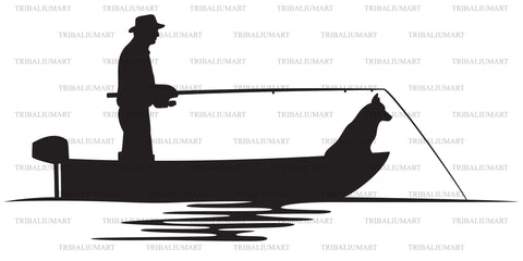 Fisherman and dog in a Boat SVG TribaliumArtSF 