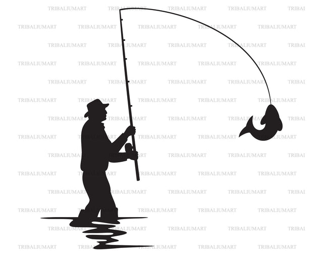 Fisherman caught a fish silhouette SVG TribaliumArtSF 