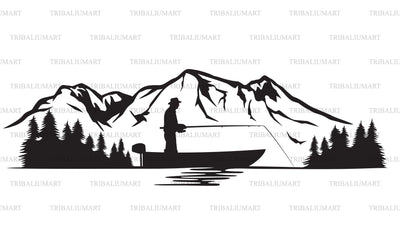 Fisherman in a boat and mountain landscape SVG TribaliumArtSF 