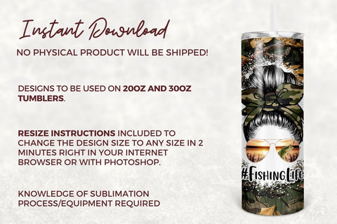 Fishing Life 20 oz Skinny Tumbler Sublimation Design, Camo Fishing Bun Hair for Straight/Tapered Tumbler Design - PNG Sublimation TumblersByPhill 