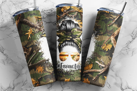 Fishing Life 20 oz Skinny Tumbler Sublimation Design, Camo Fishing Bun Hair for Straight/Tapered Tumbler Design - PNG Sublimation TumblersByPhill 