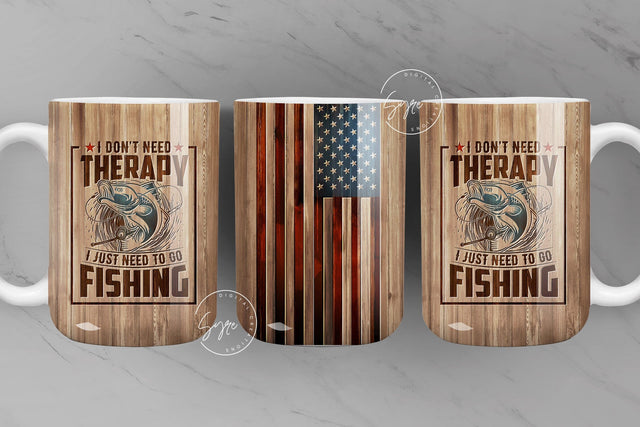 Fishing Mug Wrap PNG, Fathers Day Mug, Gift for Husband Boyfriend, I Don't Need Therapy, USA Flag Mug, America, 15 oz and 11 oz mug template Sublimation Syre Digital Creations 