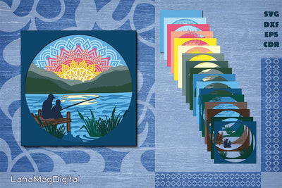 Fishing on mountain lake 3d Layered mandala svg Father's day svg shadow box 3D Paper LanaMagDigital 