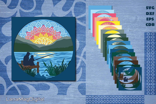 Fishing on mountain lake 3d Layered mandala svg Father's day svg shadow box 3D Paper LanaMagDigital 