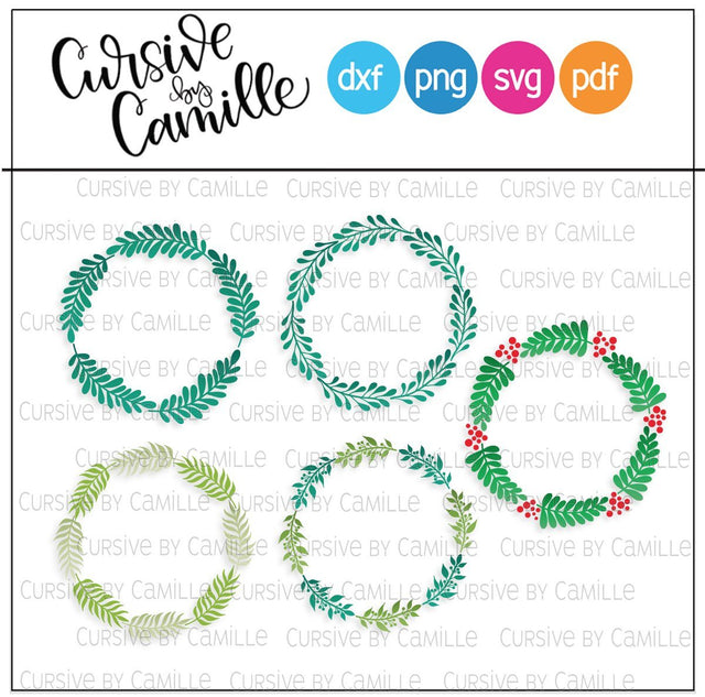 Five Monogram Foliage Wreaths SVG Cut File SVG Cursive by Camille 