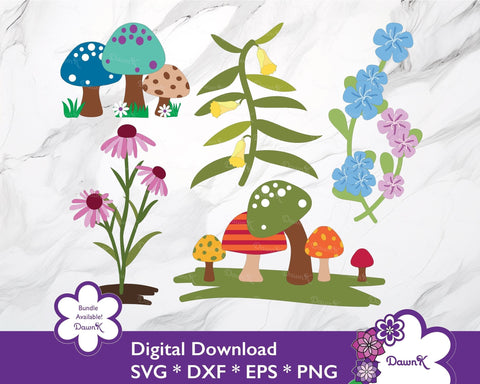 Five Mushrooms with Grass SVG - digital mushroom svg, printable mushroom SVG DawnKDesigns 