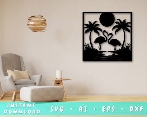 Flamingo Laser SVG Cut File, Beach And Palm Trees SVG, Flamingo Glowforge File, Flamingo DXF, Flamingo Wall Art SVG SVG HappyDesignStudio 