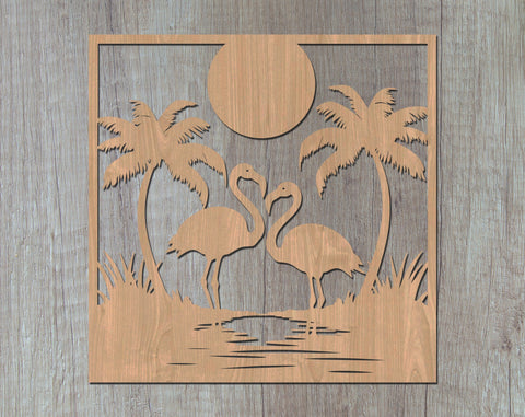 Flamingo Laser SVG Cut File, Beach And Palm Trees SVG, Flamingo Glowforge File, Flamingo DXF, Flamingo Wall Art SVG SVG HappyDesignStudio 