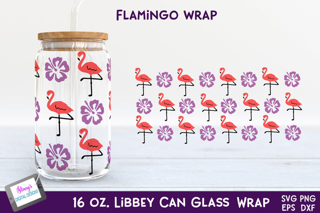 Flamingo Libbey Can Glass Wrap SVG | 16 oz. with Hibiscus SVG Stacys Digital Designs 