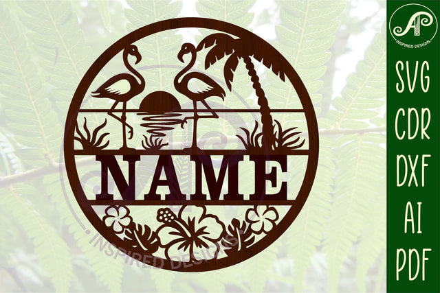 Flamingo name sign, SVG, bird themed door or wall hanger, Laser cut template, instant download Vector file Ai, Cdr, Dxf SVG APInspireddesigns 