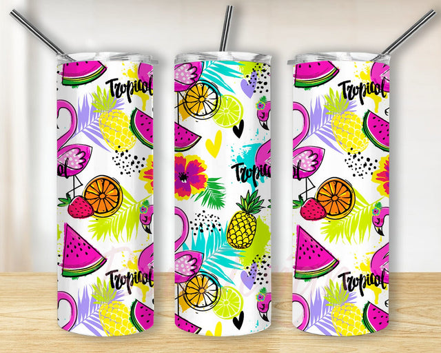 Flamingo Summer 20oz Skinny Tumbler Png, Flamingo Summer Tumbler, Beach Vacation Tumbler, Tropical Flower Flamingo Summer, Summer Fruit Tumbler Sublimation BouDesign 