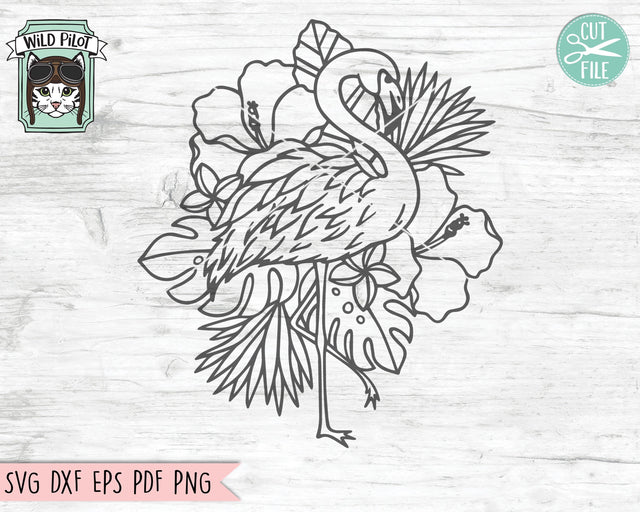 Flamingo SVG Cut File, Flamingo Face SVG, Flamingo Tropical Flowers svg, Hibiscus SVG, Tropical Leaves svg, Summer svg, Tropical Floral svg SVG Wild Pilot 