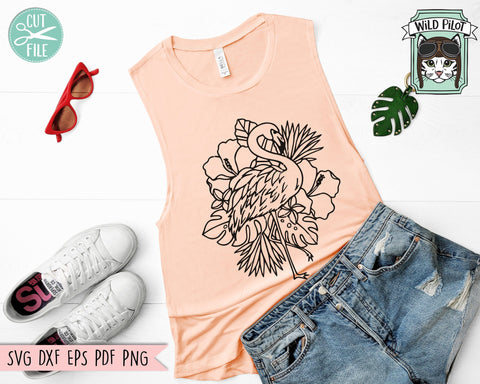 Flamingo SVG Cut File, Flamingo Face SVG, Flamingo Tropical Flowers svg, Hibiscus SVG, Tropical Leaves svg, Summer svg, Tropical Floral svg SVG Wild Pilot 