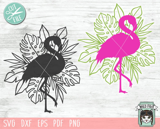 Flamingo SVG Cut File, Flamingo Leaves svg, Flamingo Tropical Leaves svg, Summer svg, Flamingo Silhouette with leaves svg, Monstera Leaves SVG SVG Wild Pilot 