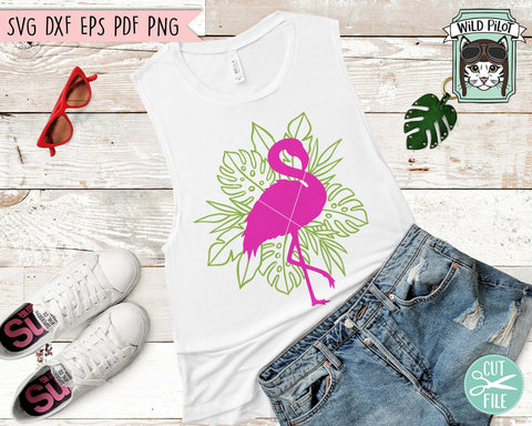 Flamingo SVG Cut File, Flamingo Leaves svg, Flamingo Tropical Leaves svg, Summer svg, Flamingo Silhouette with leaves svg, Monstera Leaves SVG SVG Wild Pilot 