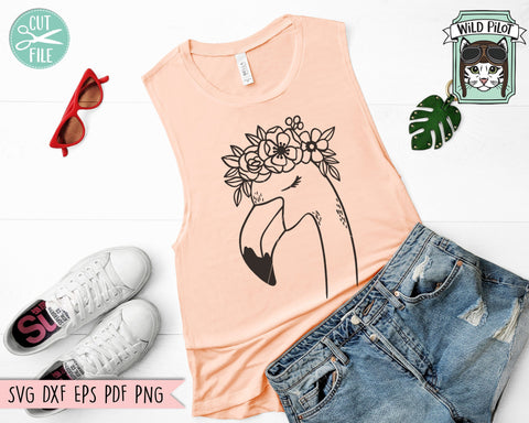 Flamingo SVG File, Flamingo With Flower Crown SVG Cut File, Flamingo Cut File, Flamingo Floral SVG, Summer SVG, Tropical SVG File, Bird SVG, Summer Cut File SVG Wild Pilot 