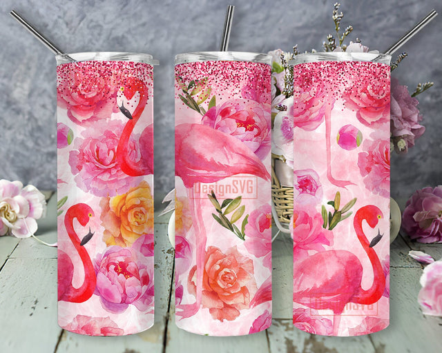 Flamingo Tumbler Design Png, Flamingo Floral Tumbler Wrap, Watercolor Flamingo 20oz Skinny Tumbler, Pink Flamingo Glitter Sublimation Design for Straight, Digital Download Sublimation DesignSVG 