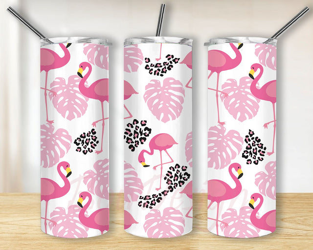 Flamingos 20 oz Skinny Tumbler Sublimation Pastel Flamingo and Leopard Print Tumbler Wrap Design For Straight Tumbler, PNG File Sublimation BouDesign 