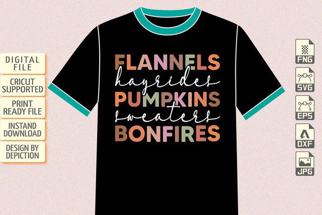 Flannels Hayrides Pumpkins Sweaters Bonfires T-Shirt Design, Typography Thanksgiving Design Sketch DESIGN Depiction Studio 