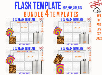 Flask Template, Bundle Flask Svg, Bundle Flask Template, Flask 5,6,7,8 oz Template,Alcohol Svg, Flask Svg Designs, Docx, Pdf, Eps, Png, Dxf SVG 1966digi 