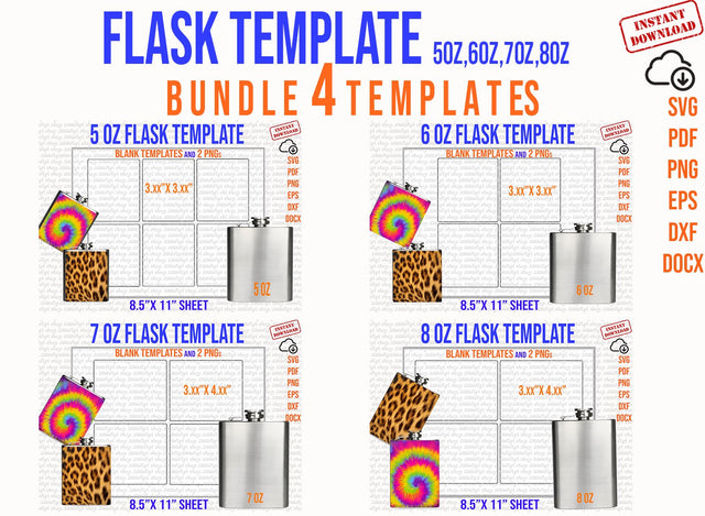 Flask Template, Bundle Flask Svg, Bundle Flask Template, Flask 5,6,7,8 oz Template,Alcohol Svg, Flask Svg Designs, Docx, Pdf, Eps, Png, Dxf SVG 1966digi 