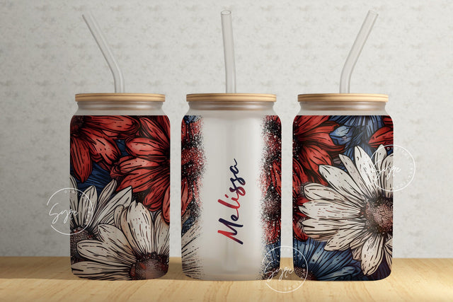 Floral 16 oz Libbey Glass Can Tumbler Sublimation Design, Add Your Own Name, Patriotic Flower Wrap, Seamless Flower Sublimation PNG Sublimation Syre Digital Creations 