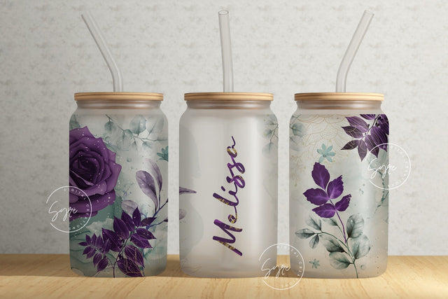 Floral 16 oz Libbey Glass Can Tumbler Sublimation Design, Add Your Own Name, Purple Gold Rose Flower Wrap, Seamless Flower Sublimation PNG Sublimation Syre Digital Creations 