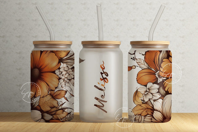 Floral 16 oz Libbey Glass Can Tumbler Sublimation Design, Add Your Own Name, Purple Gold Rose Flower Wrap, Seamless Flower Sublimation PNG Sublimation Syre Digital Creations 