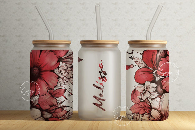 Floral 16 oz Libbey Glass Can Tumbler Sublimation Design, Add Your Own Name, Purple Gold Rose Flower Wrap, Seamless Flower Sublimation PNG Sublimation Syre Digital Creations 