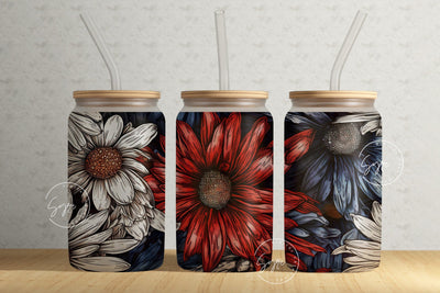 Floral 16 oz Libbey Glass Can Tumbler Sublimation Design, Daisy Flower, Patriotic Flower Wrap, 4th of July, Seamless Flower Sublimation PNG Sublimation Syre Digital Creations 
