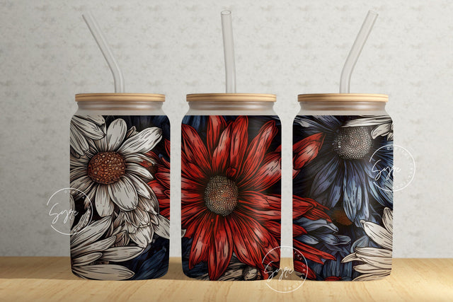 Floral 16 oz Libbey Glass Can Tumbler Sublimation Design, Daisy Flower, Patriotic Flower Wrap, 4th of July, Seamless Flower Sublimation PNG Sublimation Syre Digital Creations 