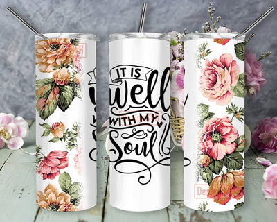 Floral 20oz Skinny Tumbler Png, It Is Well With My Soul, Mothers Day, Seamless Brown Floral Blank Design for Tumbler, Boho Floral Tumbler Wrap Sublimation DesignSVG 
