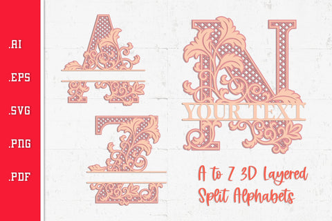 Floral 3D Layered Split Alphabets A to Z SVG SVG Slim Studio 
