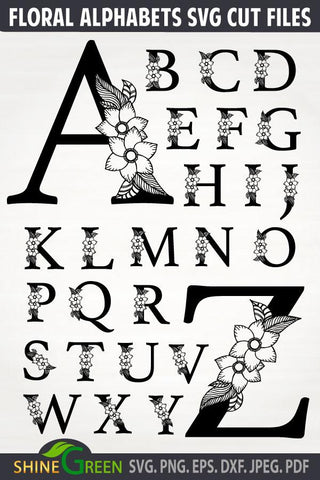 Floral Alphabet svg Bundle, Hand Drawn Flower Monograms SVG Shine Green Art 