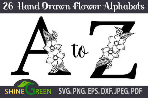 Floral Alphabet svg Bundle, Hand Drawn Flower Monograms SVG Shine Green Art 